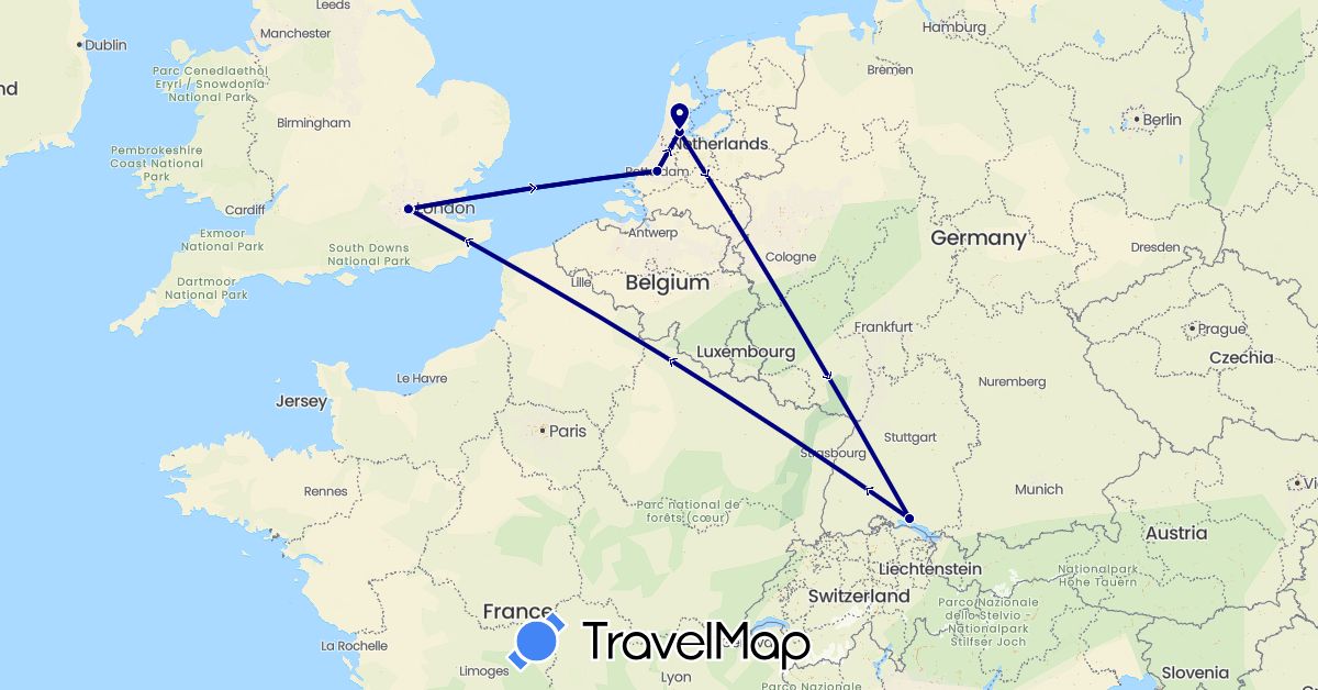 TravelMap itinerary: driving in Germany, United Kingdom, Netherlands (Europe)